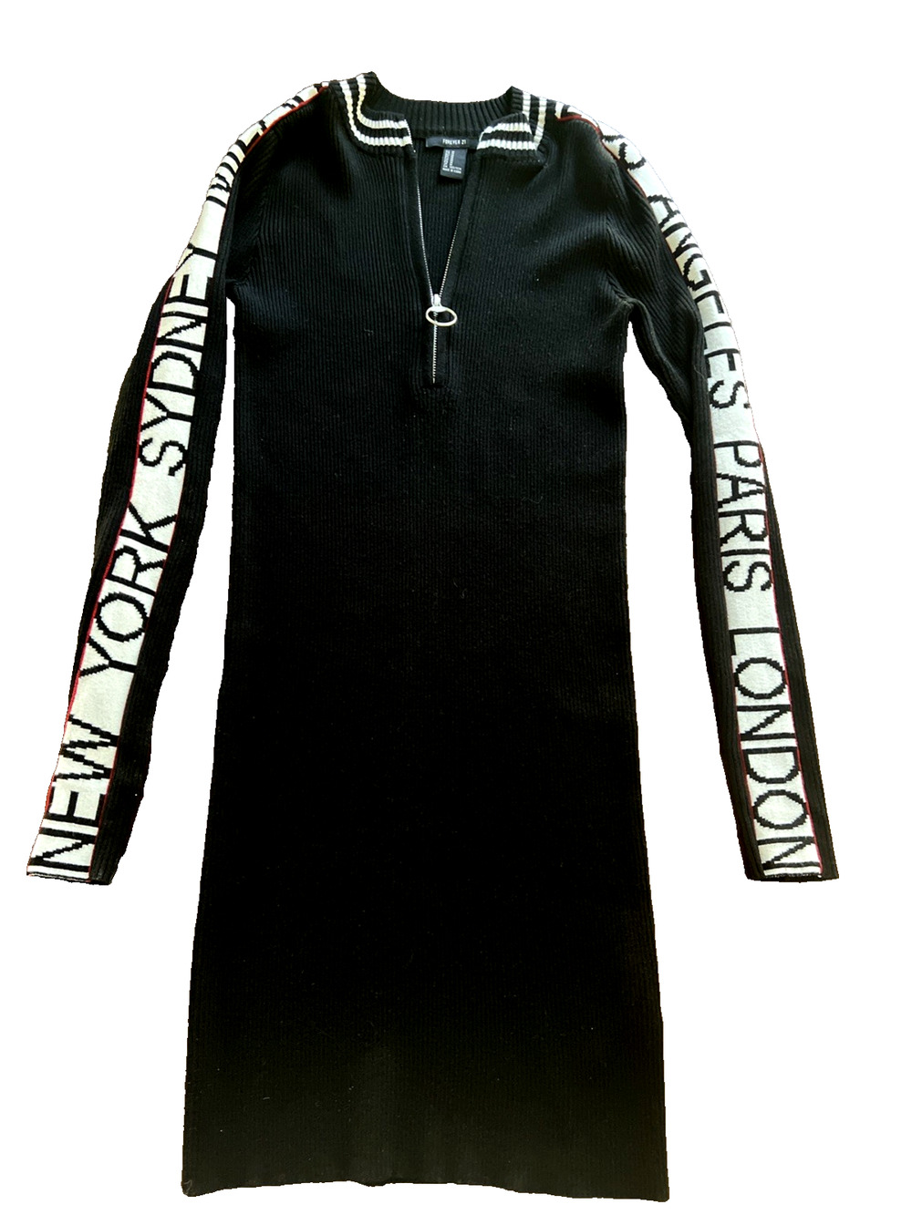 forever 21 mini sweater dress 90's Y2K logo arms black long sleeve half zip SZ M